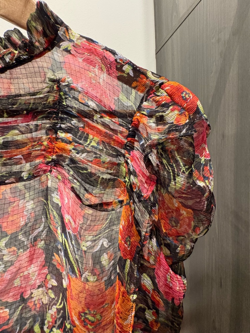 Sandro Black Sheer Floral Ruffled Neck Blouse - Picture 3 of 6